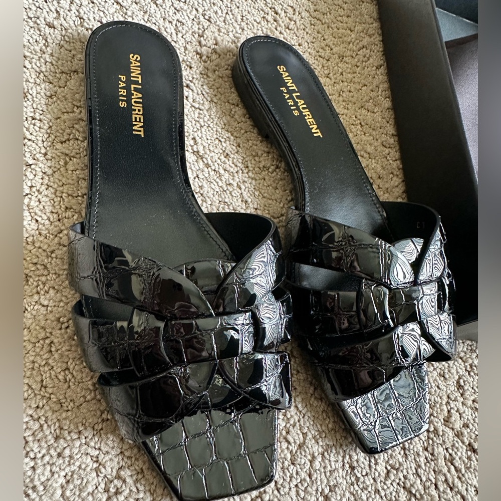 New Saint Laurent tribute sandals croc embossed black patent sz 37.5